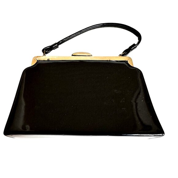 VTG Women Black Patent Leather Purse Hand-painted White Front Signed Gold Clasp - Picture 5 of 11